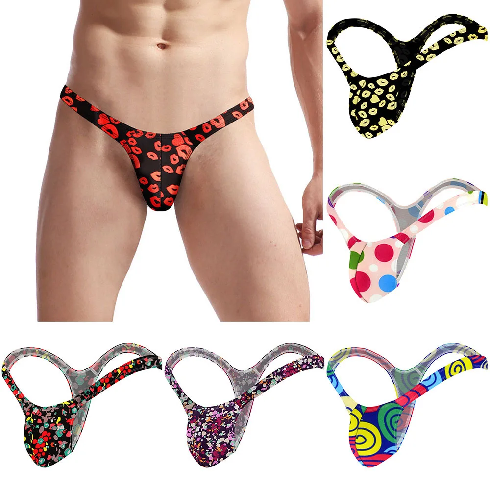 Sexy Underwear Men Briefs Male Mini Panties Penis Pouch Bag Low Waist Bikini T Back Lingerie Erotic Underpants Printed Thong