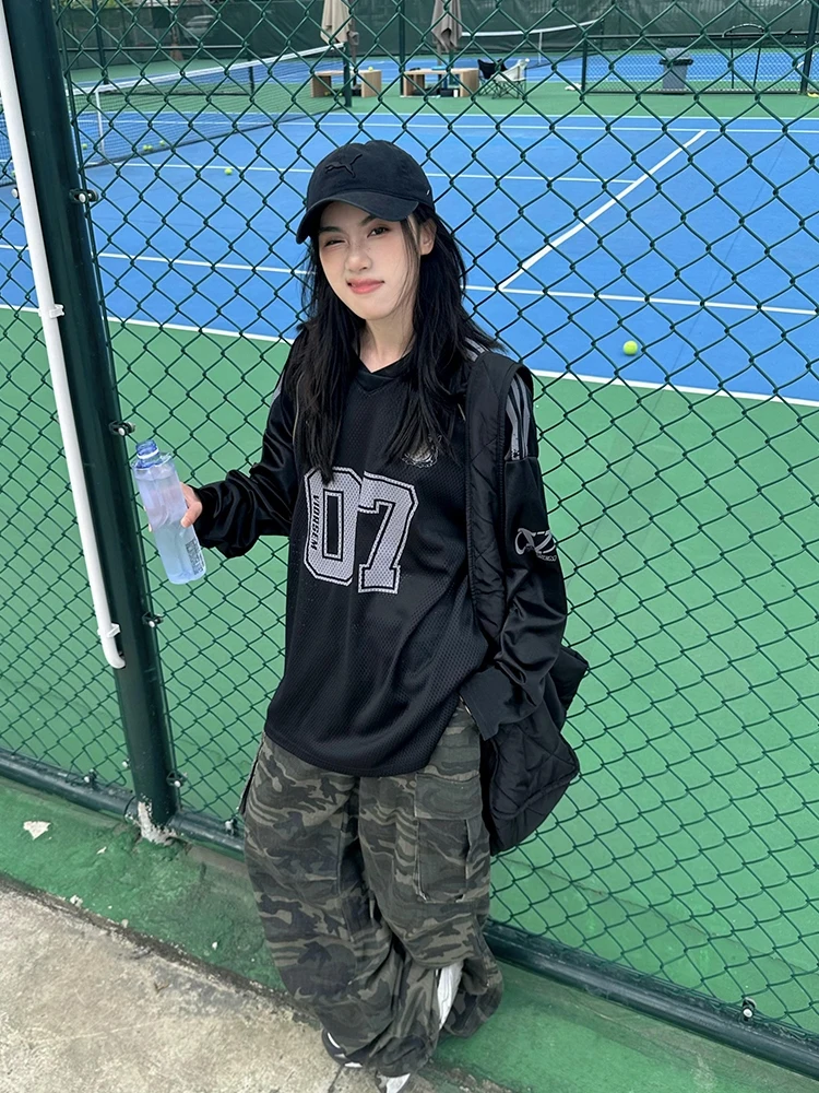 

Свободная футболка с длинным рукавом и V-образным вырезом в стиле ретро, с американским принтом, для осеннего сезона, женская модная одежда