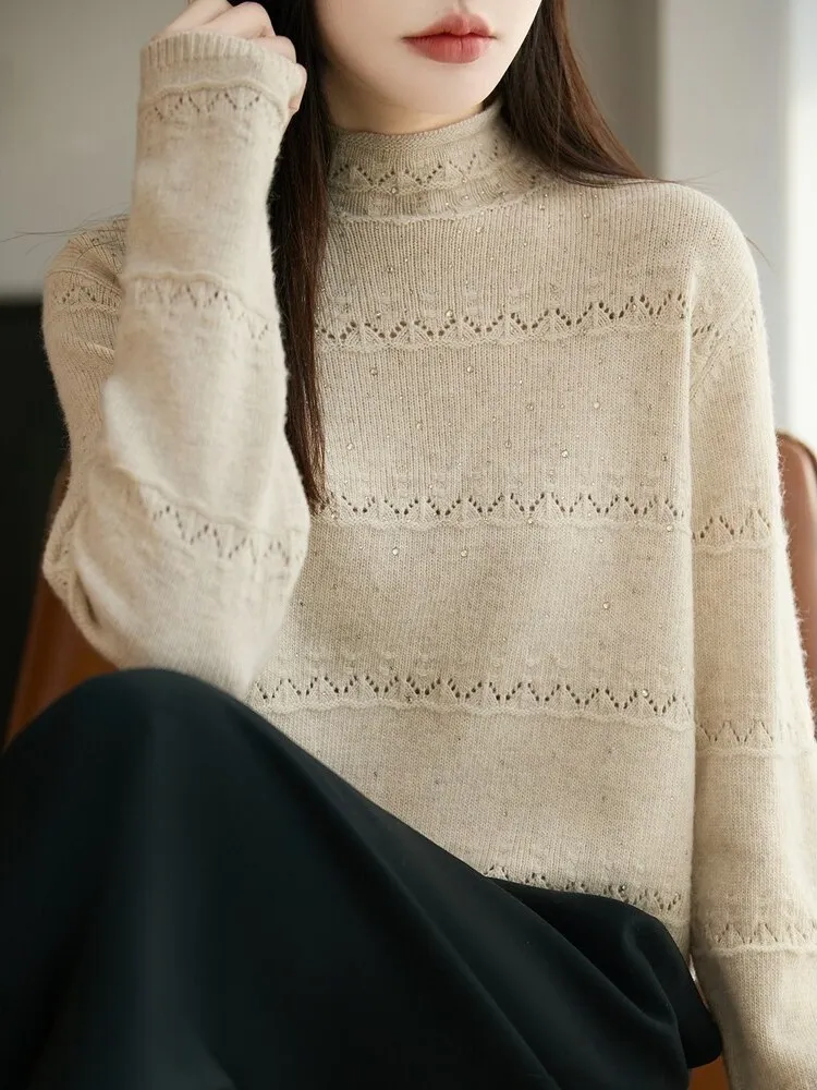 Fashionable Anti-Aging Sparkling Diamond Knitwear Women's Autumn Winter Hollow out Warmth Inner Wear Top Trendy High Collar