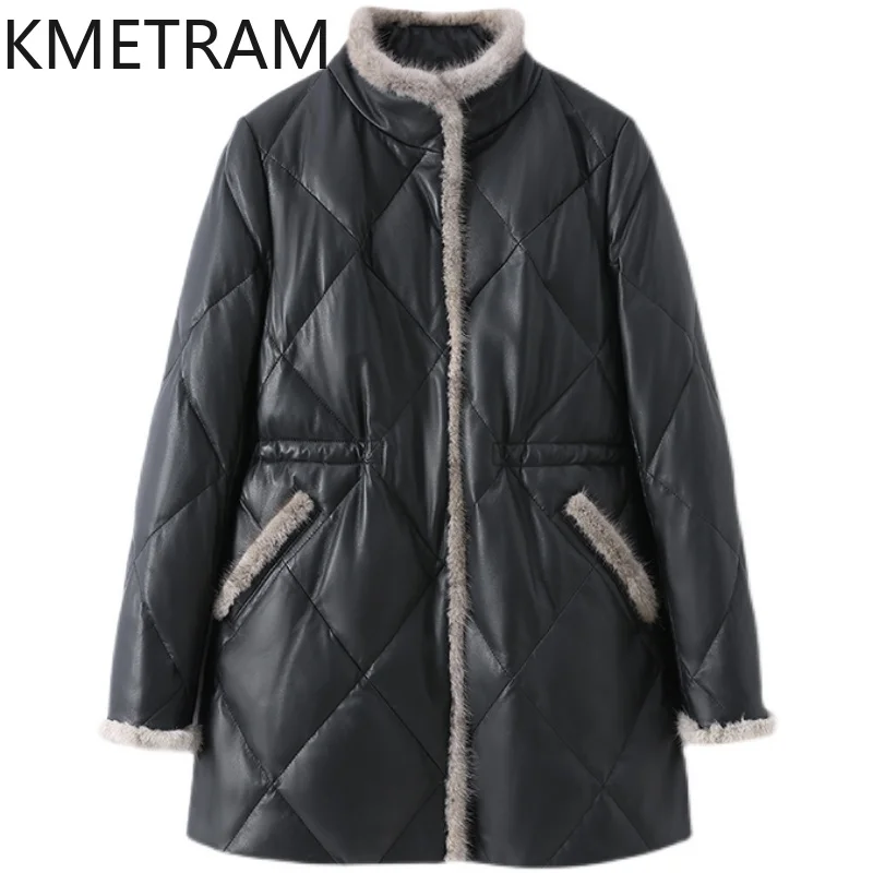 100% جلد الغنم أسفل معاطف النساء الوقوف طوق جلد طبيعي أسود سترة منفوخة 2025 ملابس خارجية ملابس الشتاء امرأة putaхоovyк