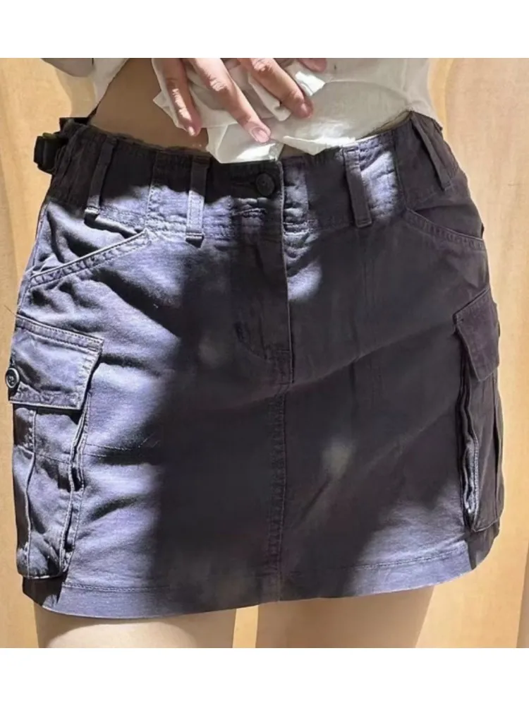 Casual Women Navy Mini Cargo Skirts 2023 Summer Vintage High Waist Solid Color Female Chic Bottoms