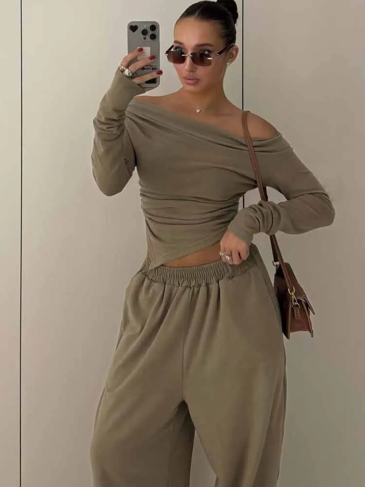 

BKQU повседневный комплект из двух предметов, женский осенний однотонный укороченный топ с открытыми плечами, свободные эластичные широкие брюки, женские простые наряды