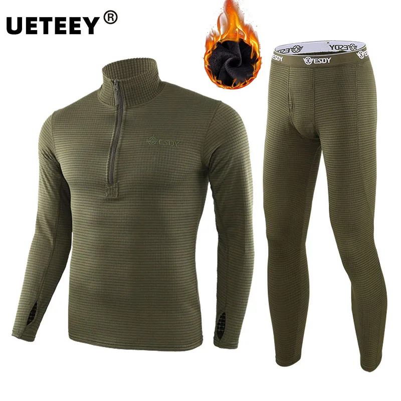 Winter Mens Tactical Warm Underwear Set US Plaid Fleece Military Tops & Long Johns Outdoor Quick-dry Hiking Safari Underwear Set