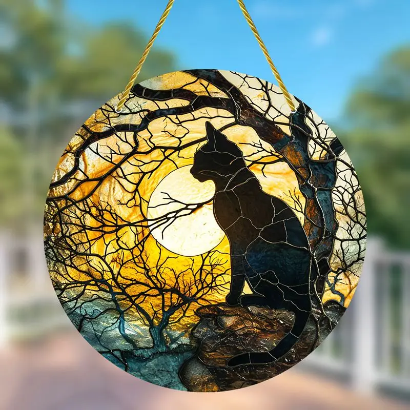 Black Cat Window Hangings Suncatcher Round Stained Acrylic Pendant for Home Garden Yard Wall Art Decoration Car Gifts Ornament