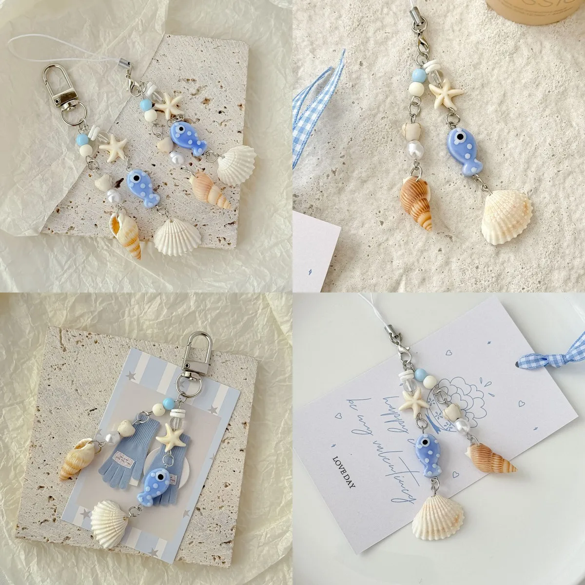 Handmade Shell Starfish Phone Strap for iPhone/Samsung, Earphone Lanyard, Camera & Polaroid Hanging Charm, Keychain Accessory