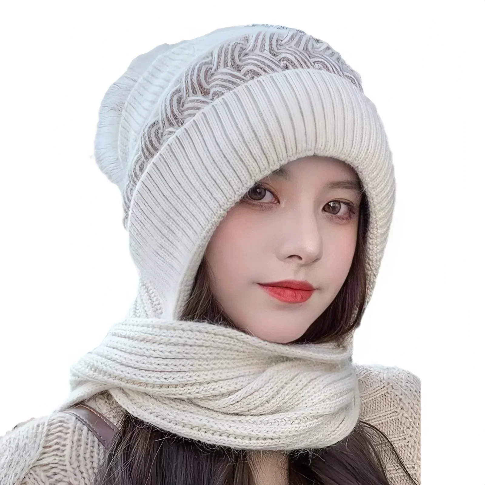 Cappello termico invernale da donna Berretto lavorato a maglia foderato in pile con protezione per il collo dell'orecchio Sciarpa antivento Berretto da equitazione integrato per la stagione fredda