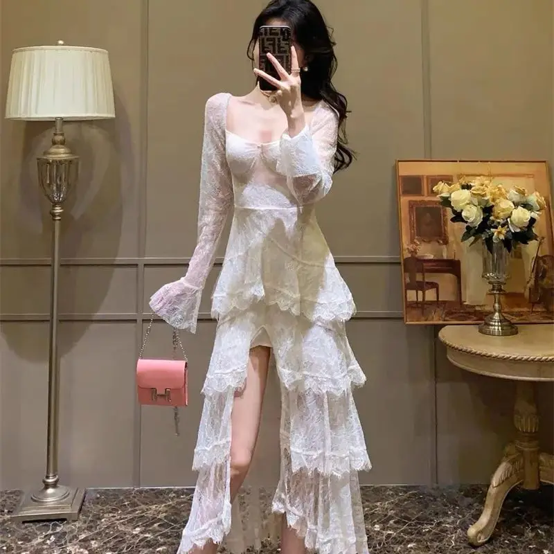 White Lace Cake Long Dress Elegant Slim Flare Sleeve Wedding Runway Party Vestidos Women Vintage Square Neck Robe Clothing Q898