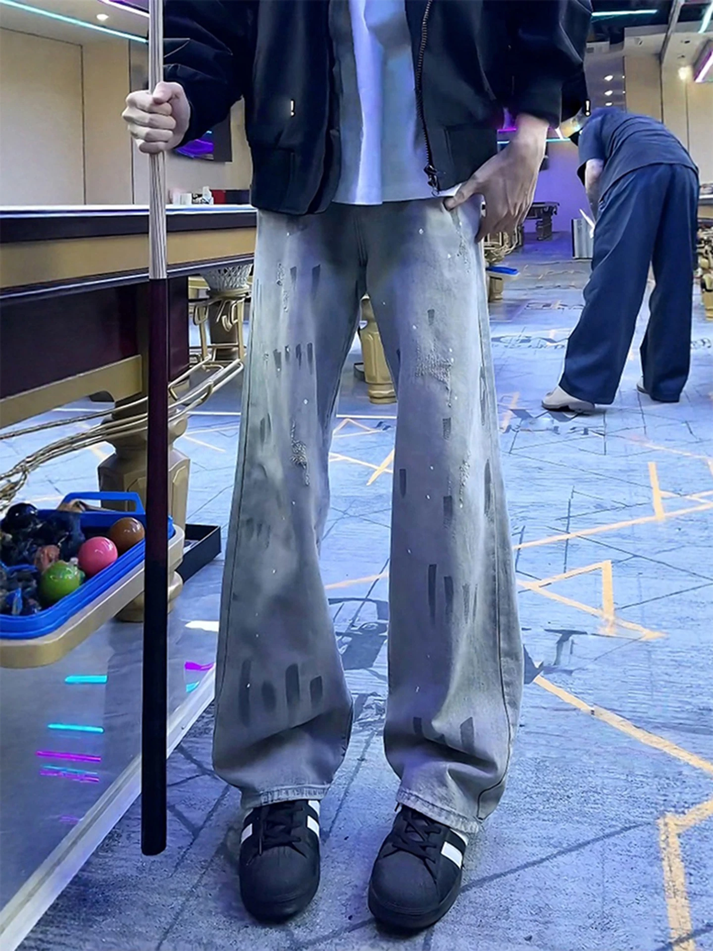 

Мужские джинсы Waed Blue с принтом лап, прямые брюки в американском стиле High Street с эффектом тай-дай, износостойкие, для осени