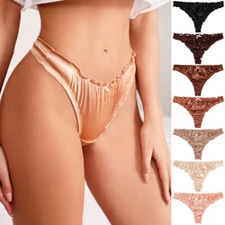 Women's Thong Ladies Frill Trim Satin 100% Ice Silk Seamless No Show Underwear Invisible Briefs Tanga Bragas Women's Panties