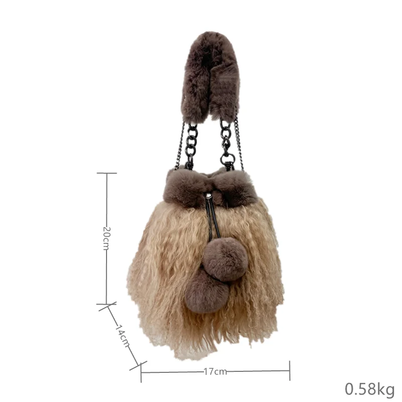 Winter Women\'s New Fur Handbag Beach Wool Splicing Rabbit Hair Bucket Bag Large Capacity Solid Color Design Plush Bag