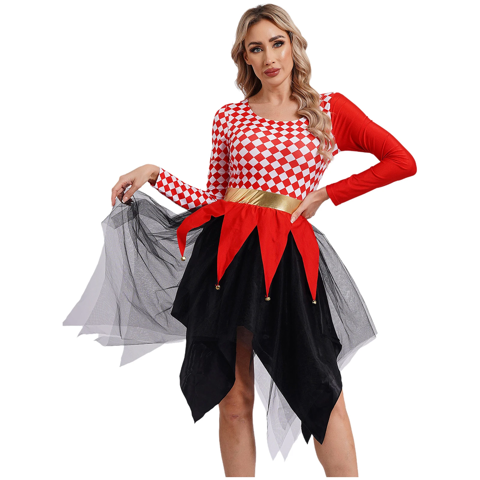 

Womens Naughty Clown Costume Halloween Party Cosplay Circus Performance Long Sleeve Asymmetrical Tulle Plaid Dress with Bells