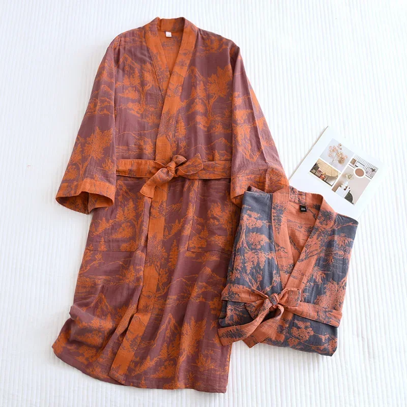Men Women's Printed Cotton Loose Fitting Bathrobe Japanese Style Tie Up Kimono Bathrobe Sweat Steaming Cotton Pajamas Robes Men