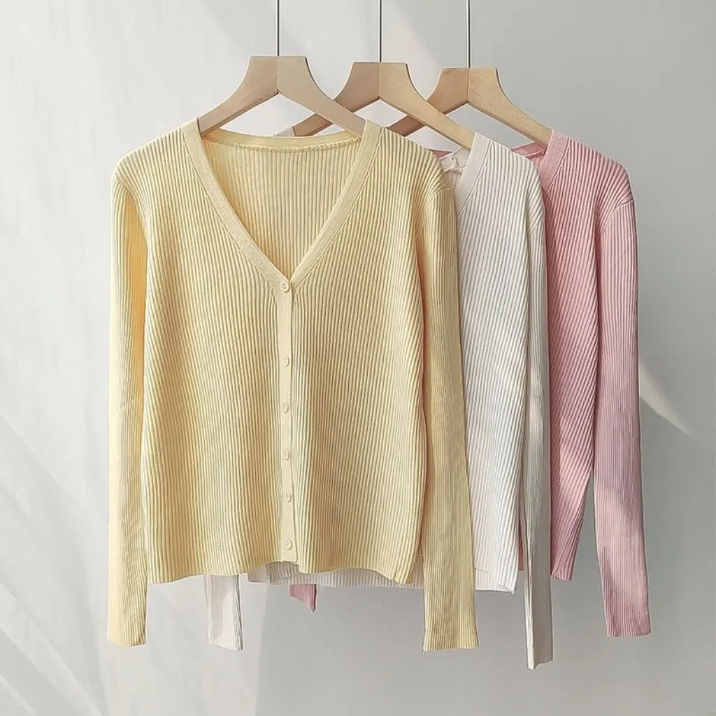 

Women's Cream Yellow Ice Silk Cardigan V-Neck Knitted Jacket Large Size Long-Sleeved Spring Autumn Fashionable Top