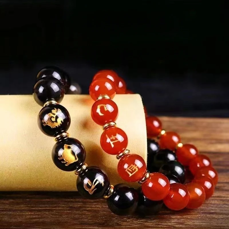 Zodiac Sanhe Noble Bureau Bracelet Birth Buddha Tiger, Horse, and Dog Yin Wu Xu Obsidian Red Agate Buddha Beads Bracelet