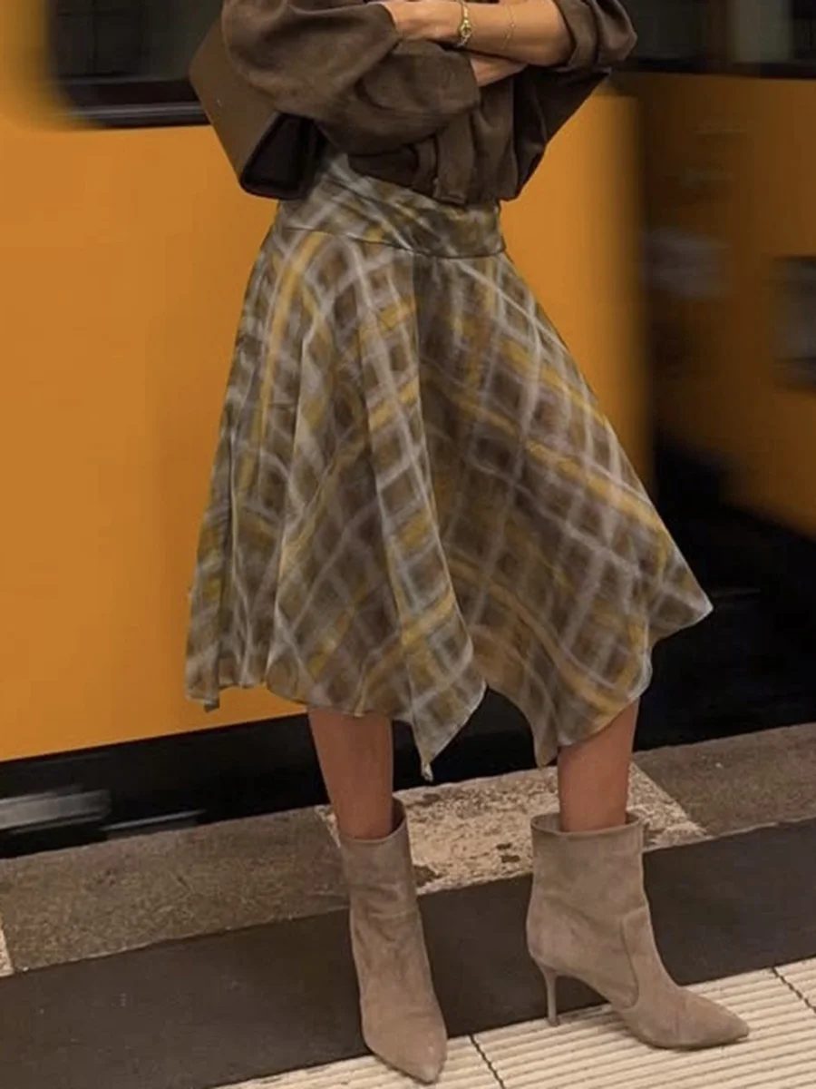 

Multi Color Plaid Irregular Hem Midi Skirt Women New Side Zipper Thin Casual Short Skirts Vintage Casual Fashion A-line Faldas