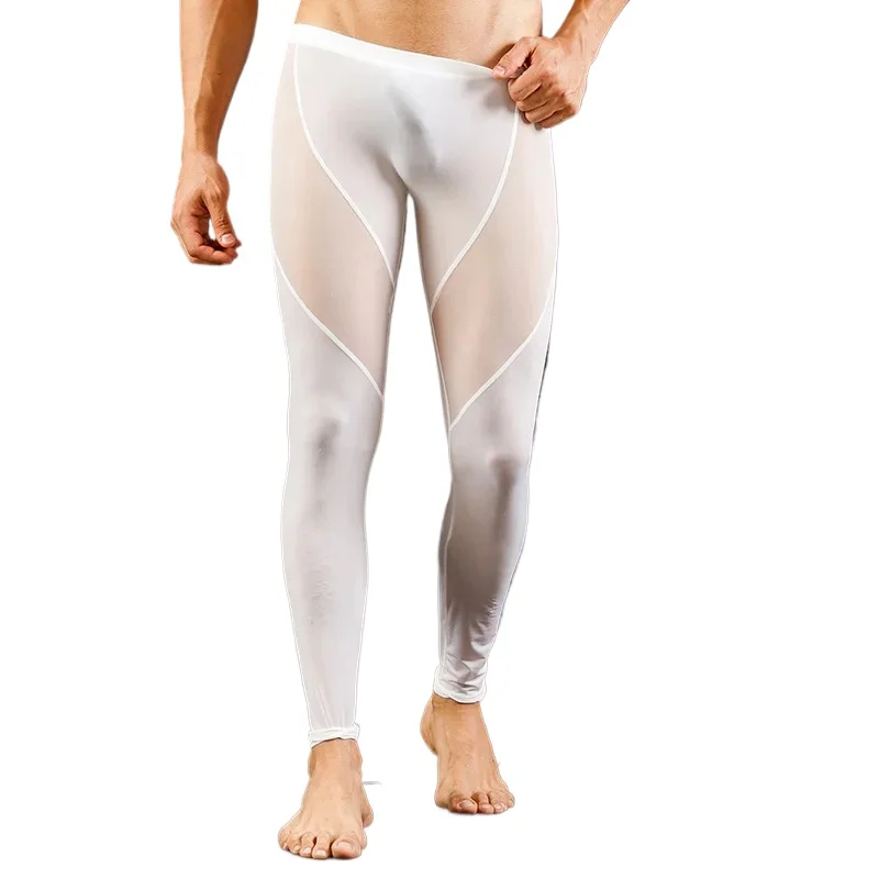 Leggings thermiques fins et transparents pour hommes, en maille fine et extensible, avec empiècements contrastants en maille, sous-vêtements ajustés et sexy