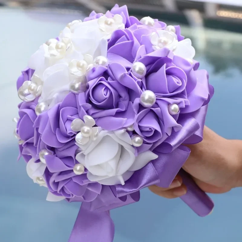 

1pc Purple Artificial Flowers Bridal Bouquet with Pearl Roses, Faux Flower Wedding Bouquet for Proposal, Ball, Confession, Surpr