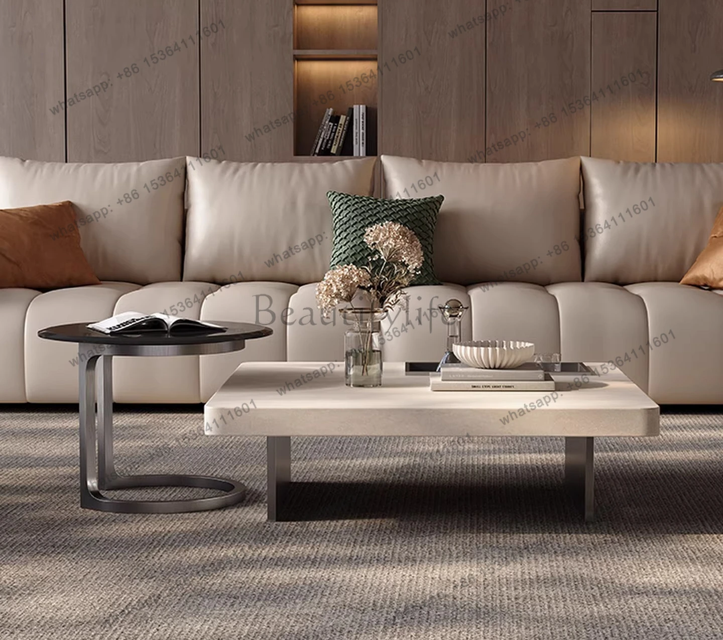 Off-white travertine rock slab coffee table living room high-end Italian minimalist high-end designer coffee table