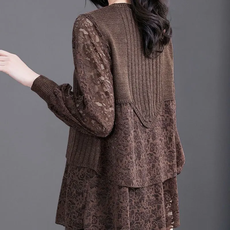 Fake Two Pieces Knitted Patchwork Shirt Female Clothing Fashion Lace Loose Spring Autumn Long Sleeve Vintage Solid Color Blouse