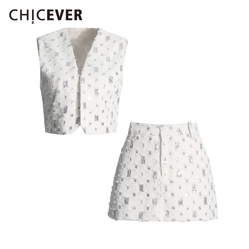 

CHICEVER American Casual Two Piece Set with Sequins for Women V Neck Sleeveless Crop Top High Waist Mini Shorts Slim Sets Female