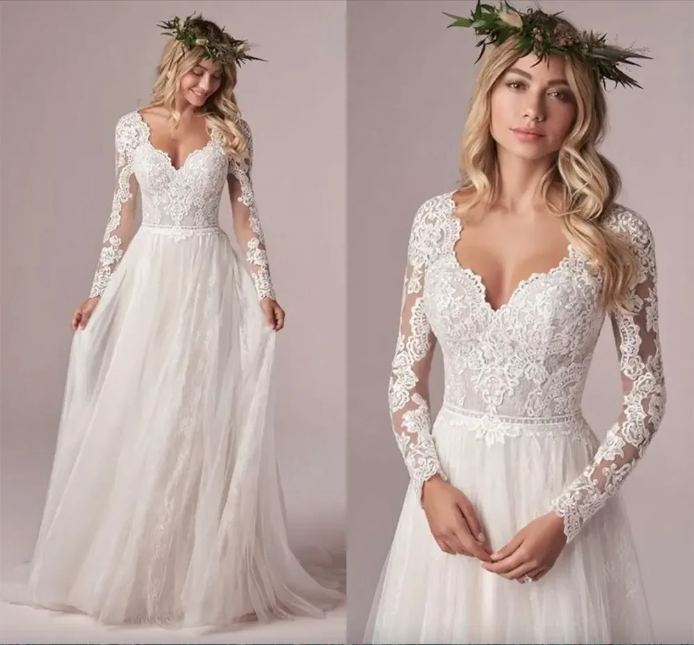 Elegancka sukienka ślubna w stylu Vintage z długim rękawem i długim rękawem 2024 nowa tiulowa koronka długa sexy bez pleców Novia plus size