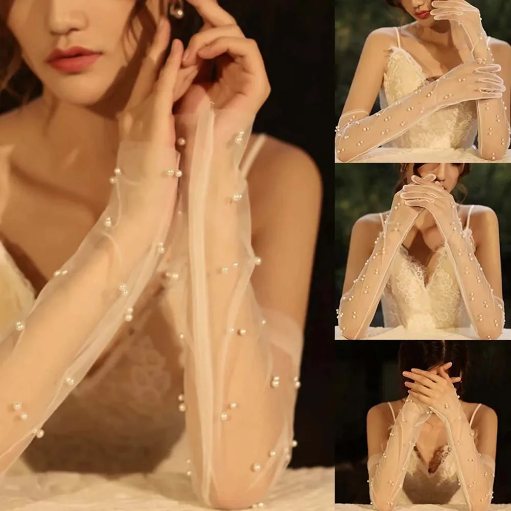Women Bride Lace Pearl Chiffon Fingerless Gloves Bridal Gloves Full Finger Gloves Wedding Accessories