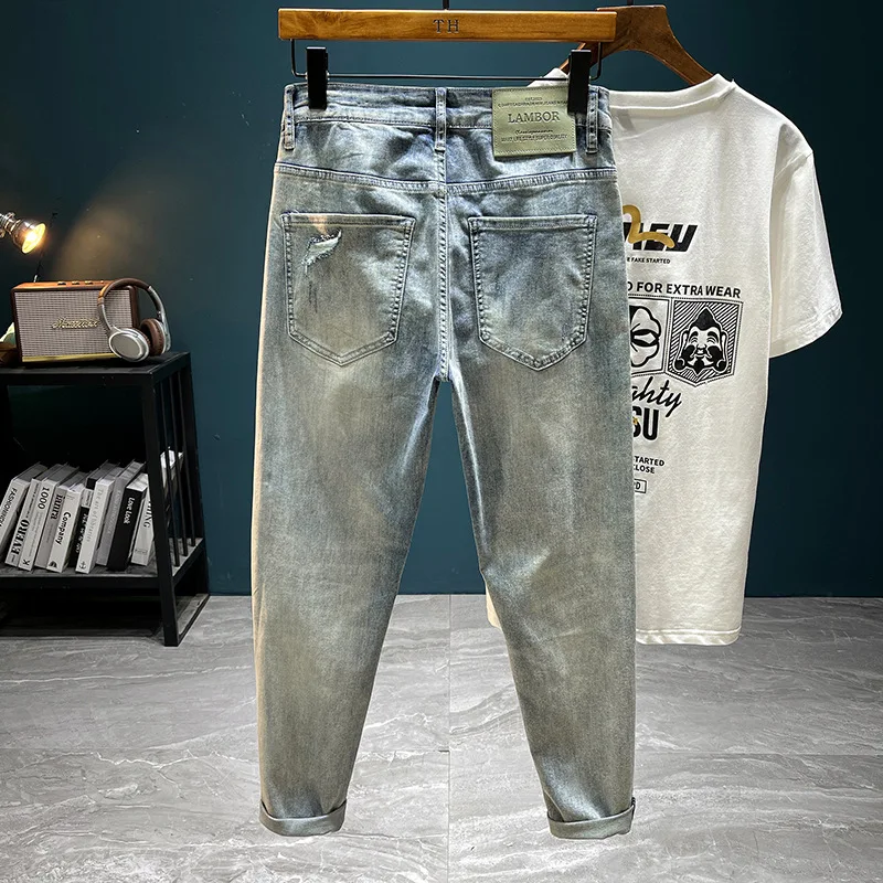 Ripped jeans for men2024summer thin patch printing design slim elastic casual high-end trend skinny pants