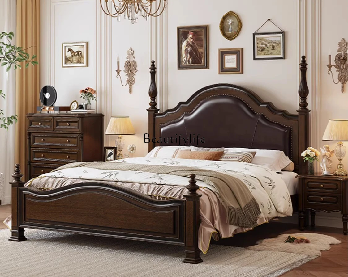 

American Country Solid Wood Bed retro High-End Soft Pack Walnut Color Storage Bed