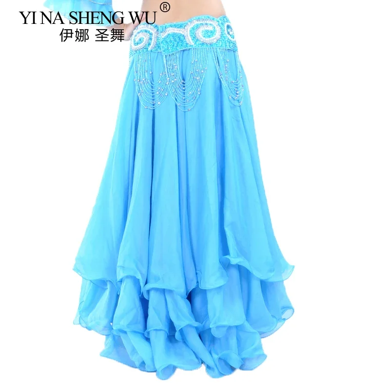 กระโปรง 3 ชั้นสำหรับผู้หญิง กระโปรงชีฟองสำหรับเต้นรำแบบตะวันออก กระโปรงทรงโค้งงอ ไม่มีเข็มขัด กระโปรงสำหรับการแสดงระบำหน้าท้อง กระโปรงสำหรับการแสดงบนเวที กระโปรงสไตล์สเปน