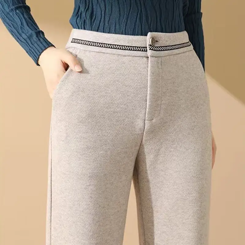 

Модные офисные женские осенне-зимние новые шерстяные брюки женские однотонные карманы эластичные с высокой талией плюс бархатные прямые широкие брюки