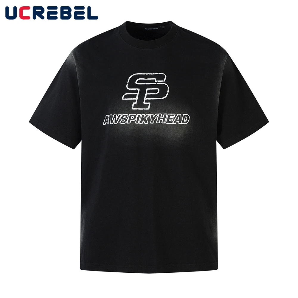 

Футболка с коротким рукавом и буквенным принтом, мужская винтажная уличная летняя свободная хлопковая футболка с короткими рукавами и круглым вырезом, мужская