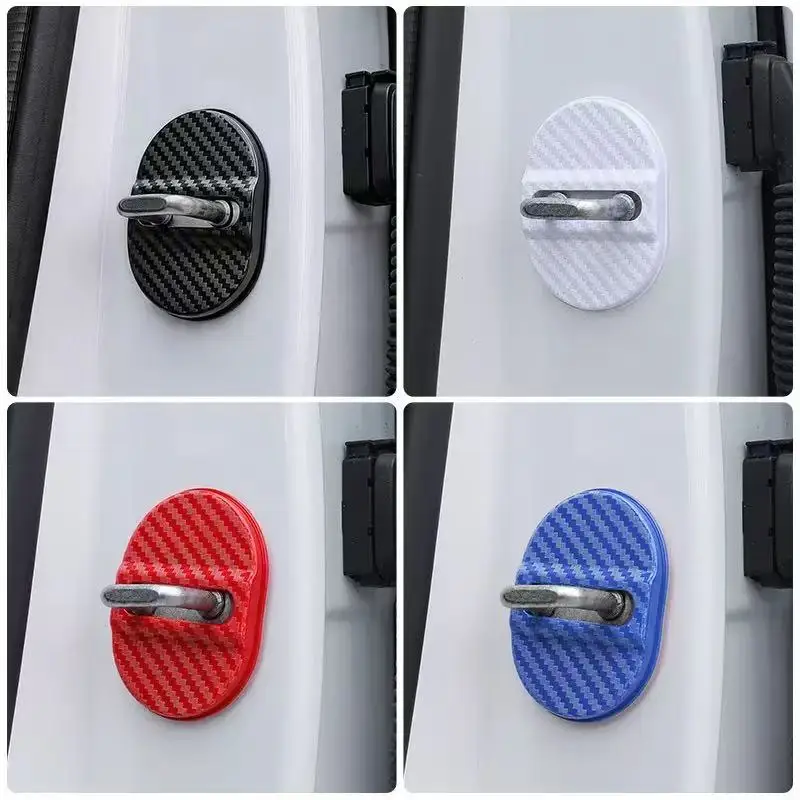 4PCS Carbon Fiber Car Door Lock Cover Universal Self-Adhesive Protective Cover Shock Absorbing Noise Reducing Waterproof