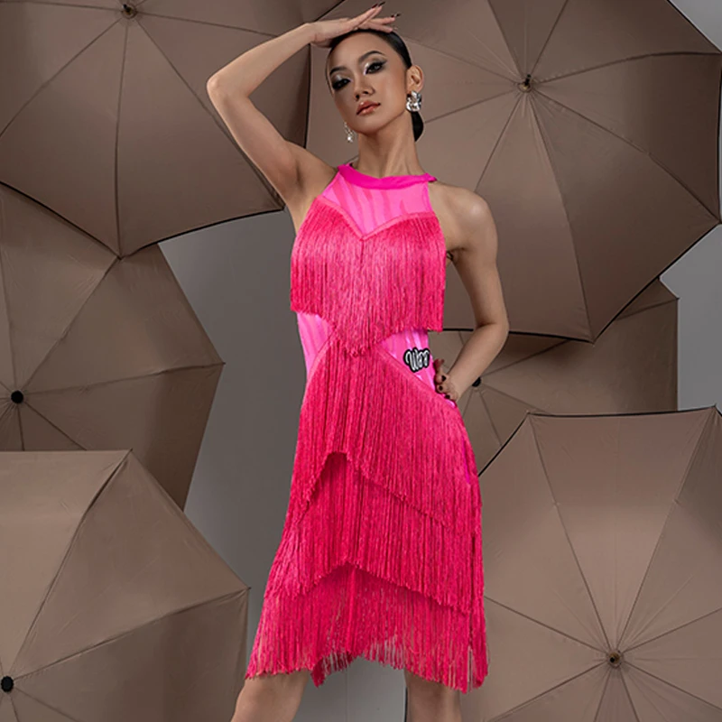 

2025 New Multi Layered Tassels Dress Women Sexy Backless Latin Dance Performance Dress Adults Stage Dance Costume SL10151