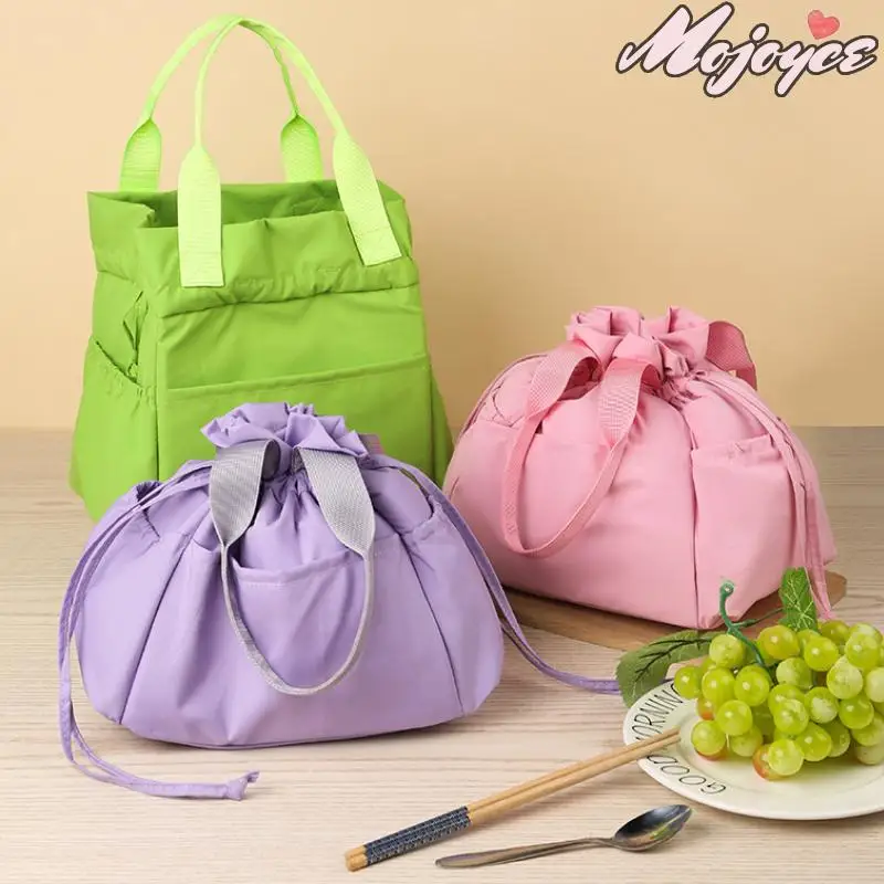 

Drawstring Lunch Bag Insulated Handbag Handheld Storage Box Food Bento Pack Candy Color Top-Handle Bags for Work Outdoor Travel