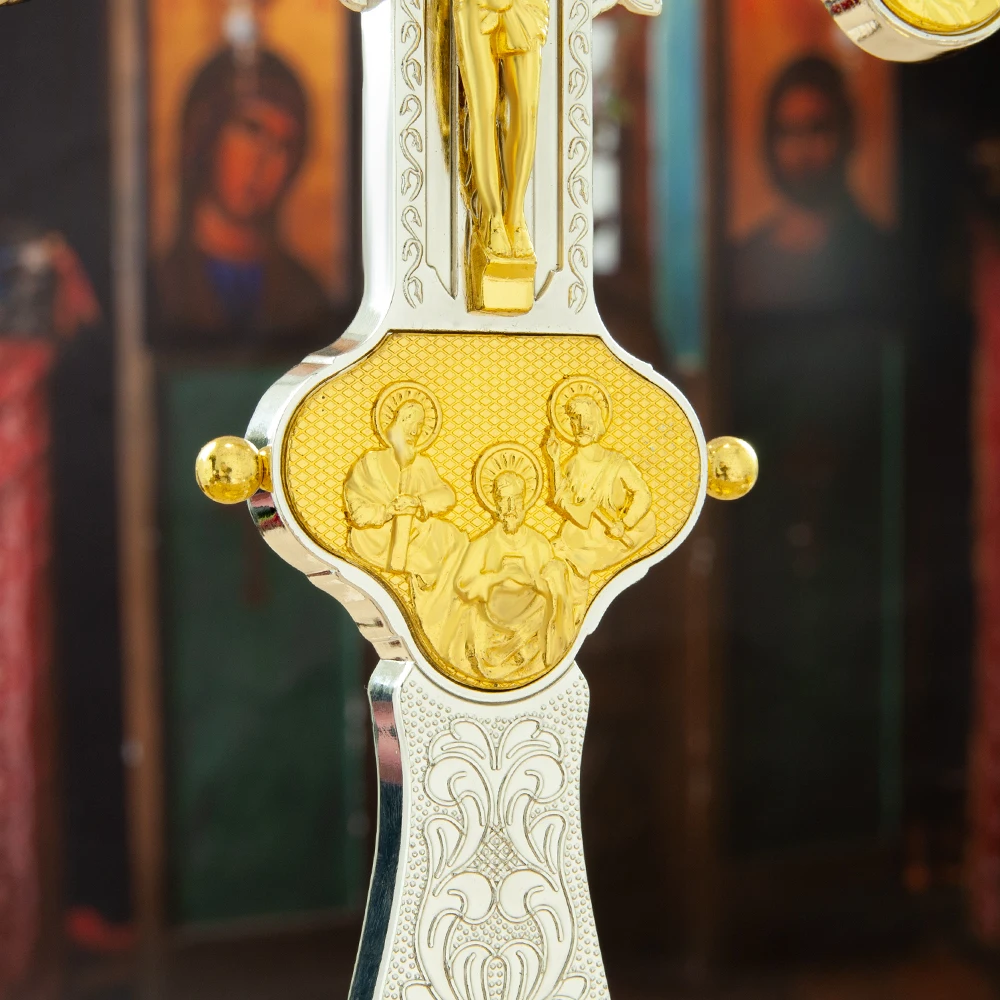 HTISOK Russisch-Orthodoxes Kreuz Jesus-Kruzifix Vergoldete Zinklegierung Kirchenständerkreuz Kirchendekoration Religiöse Rituale – Detail 6