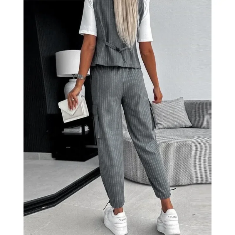 Spring Summer New Women\'s White Striped Sleeveless Vest Suit Leisure Commute Cropped Pants