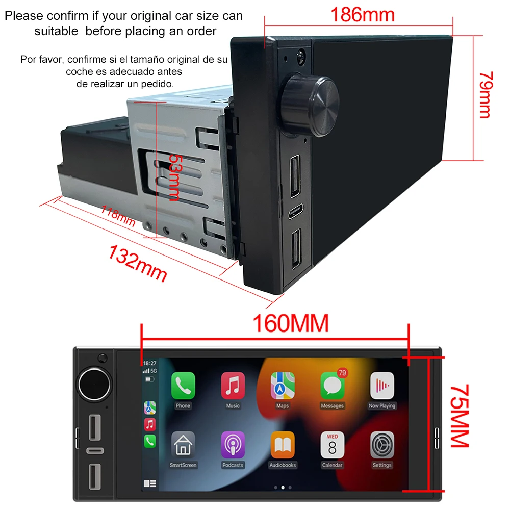 1din 6 "HD راديو السيارة الوسائط المتعددة Carplay شاشة تعمل باللمس مرآة ربط ستيريو بلوتوث USB كاميرا FM مشغل MP5