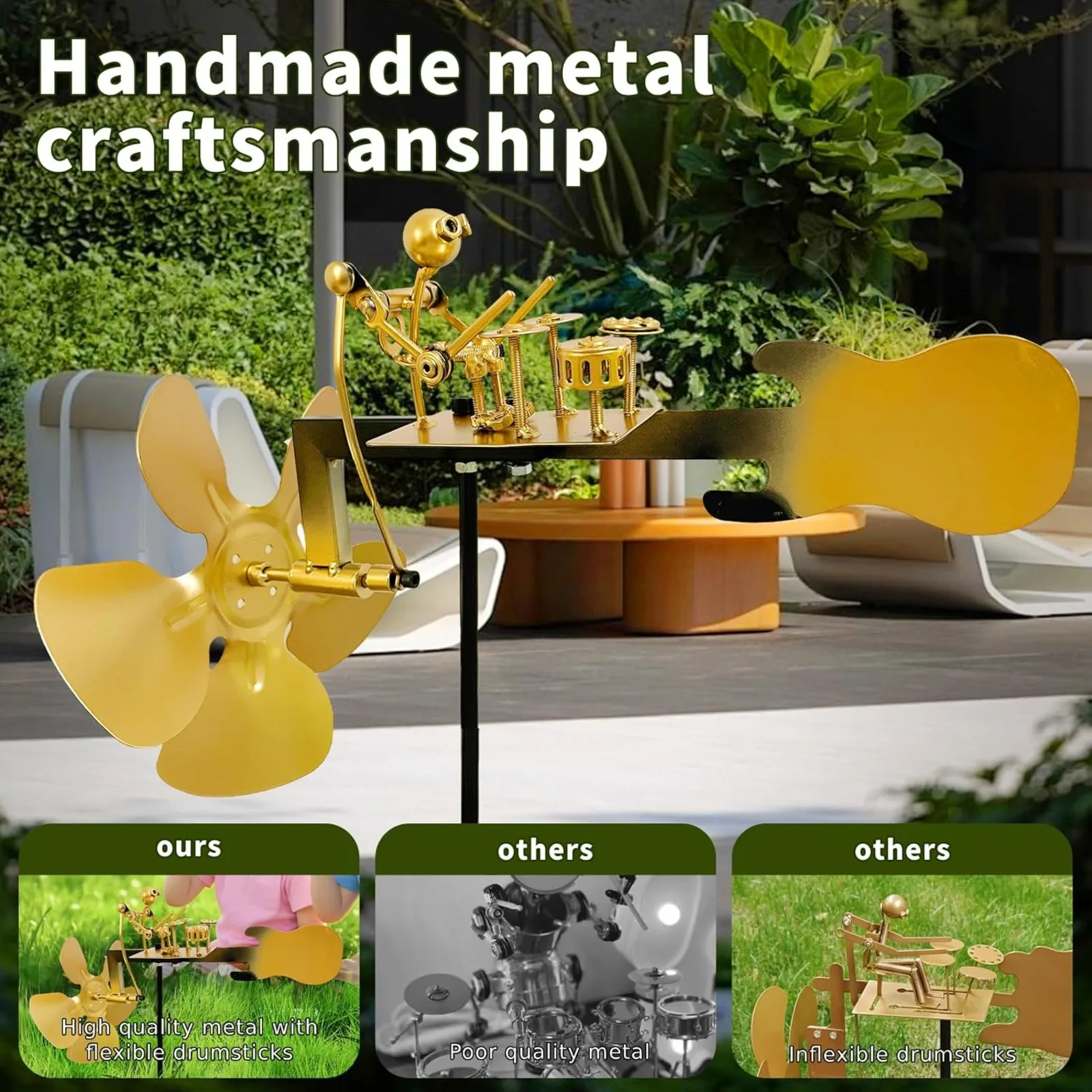 Handmade Metal Drummer Windmill, Rock Art Sculptures, Wind-Powered Kinetic Figurines, Wind Spinners for Garden view 4