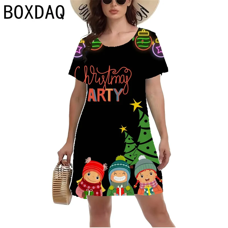 Women Christmas Party Dress Fashion Short Sleeve O-Neck Casual Dress Fun 3D Christmas Elements Santa Claus Print Dress Vestidos