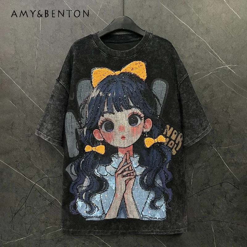 

Spring Summer Heavy Industry New Sweet Style Cartoon Girl T-shirt Women's Loose Casual Mid-Length Half Sleeves Top Kawaii Tees
