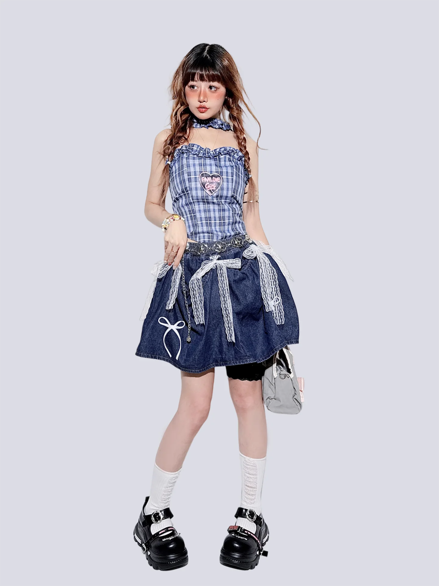 Sweet Bow Retro Denim Can Change Temperament Multi-hour Wear Skirt Japanese Subculture Versatile Skirt Lace Up Lace A-line Skirt