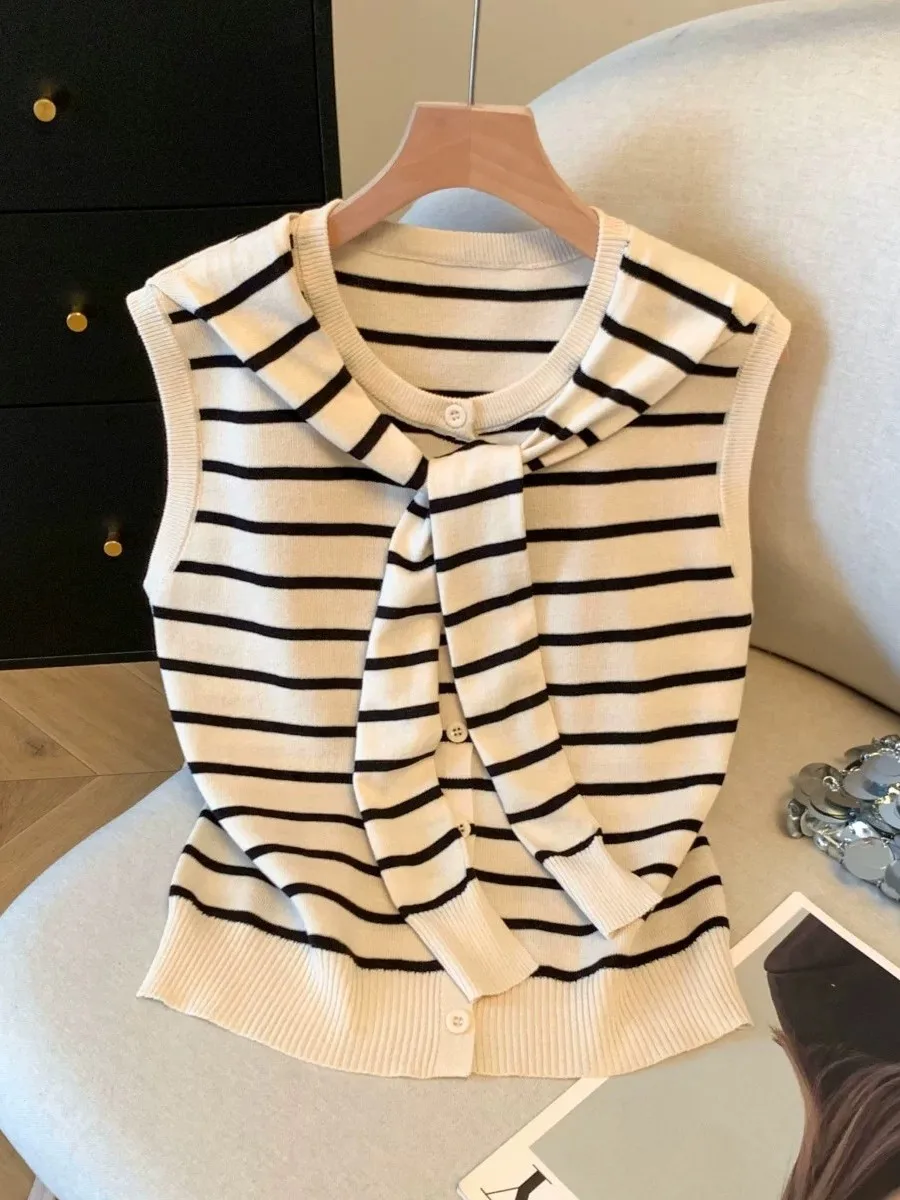 

Fashionable Stripe Knitted Shoulder Wrap Women's Summer Top Vintage Style Casual Fit Short Sleeve Fake Two-Piece Knitwear