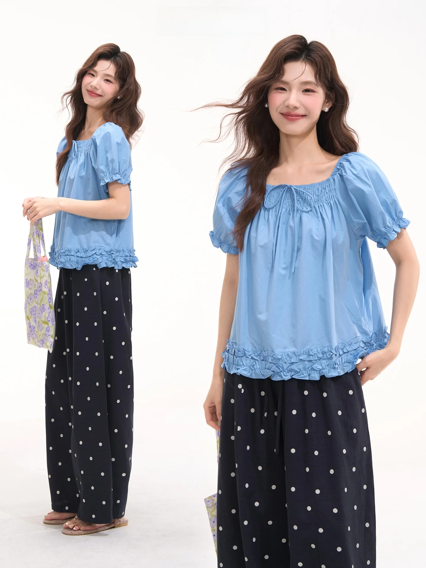

Simple Elegant Short Sleeve Ruffle Trim Shirt Women's Summer Doll Top Commute Style Korean Loose Fit Bubble Sleeve Pure Color