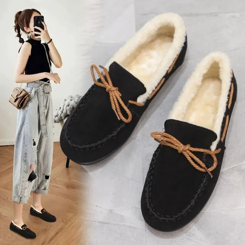 2023 autumn and winter new Doudou shoes women plus cashmere warm bow Korean version of casual shallow mouth flat lazy cotton sho