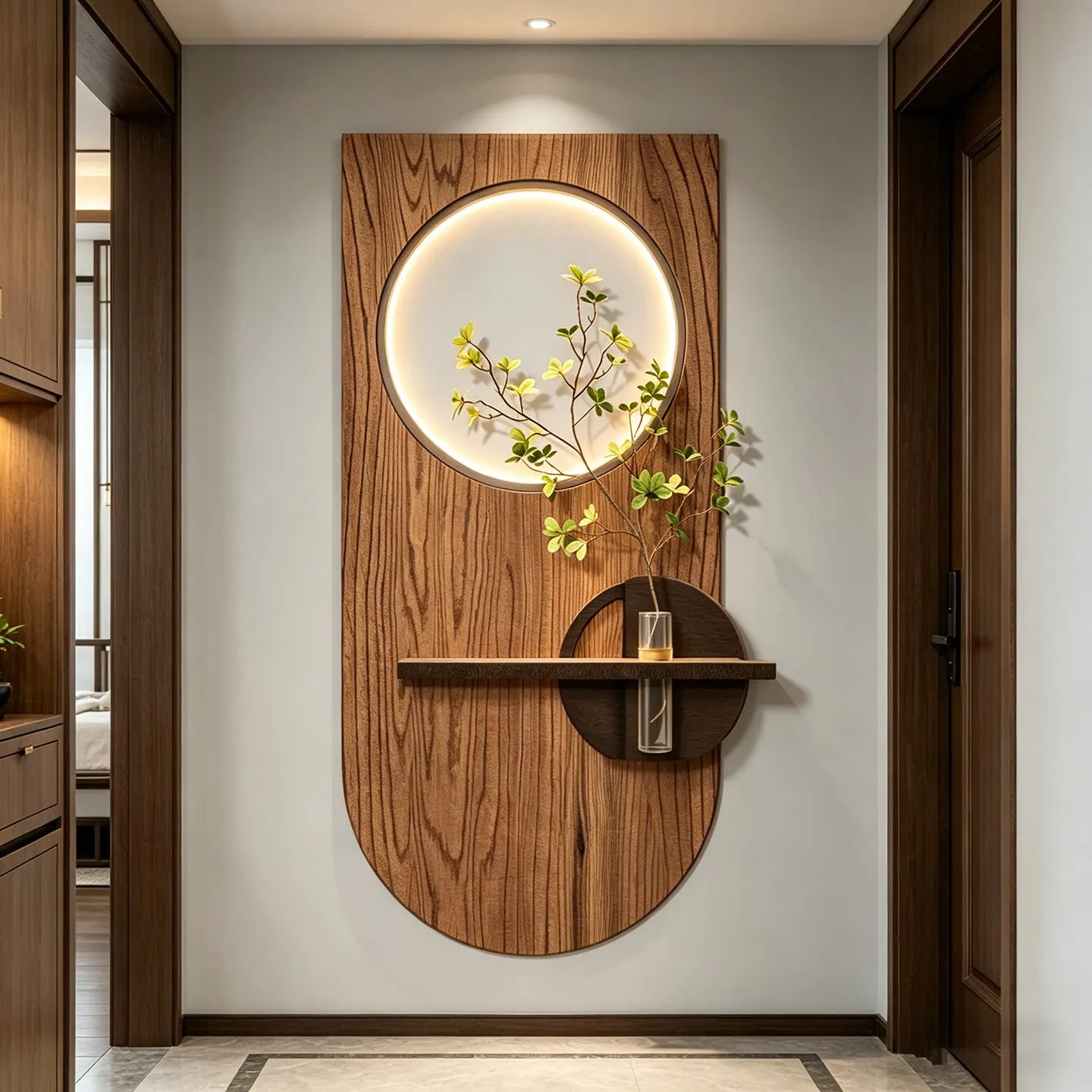

Entryway Corridor with Lighted Sandstone, Simple New Chinese Style, Feng Shui Houseplants, Hanging Paintings, and Murals