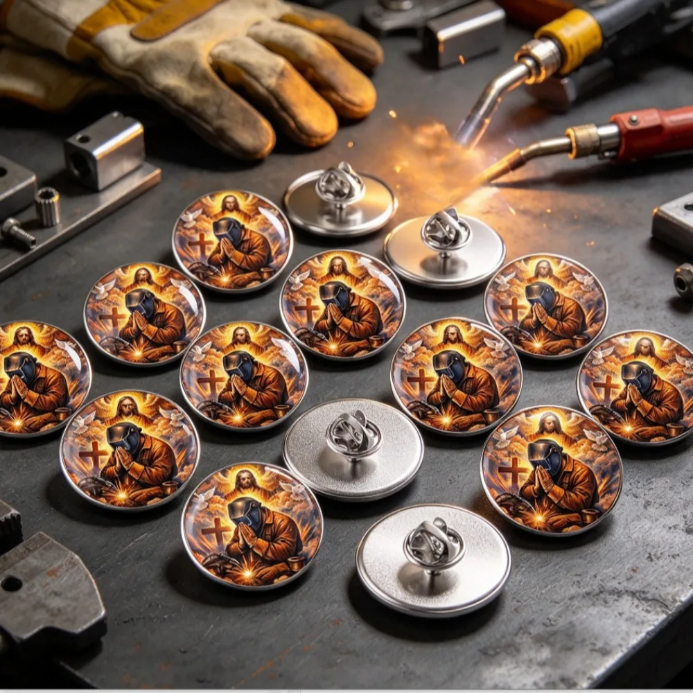 6/12/20 Pcs 2D Flat Welder Praying Themed Brooch,Stainless Steel Lapel Pin with Jesus Cross Dove Element,Creative Souvenir Gift