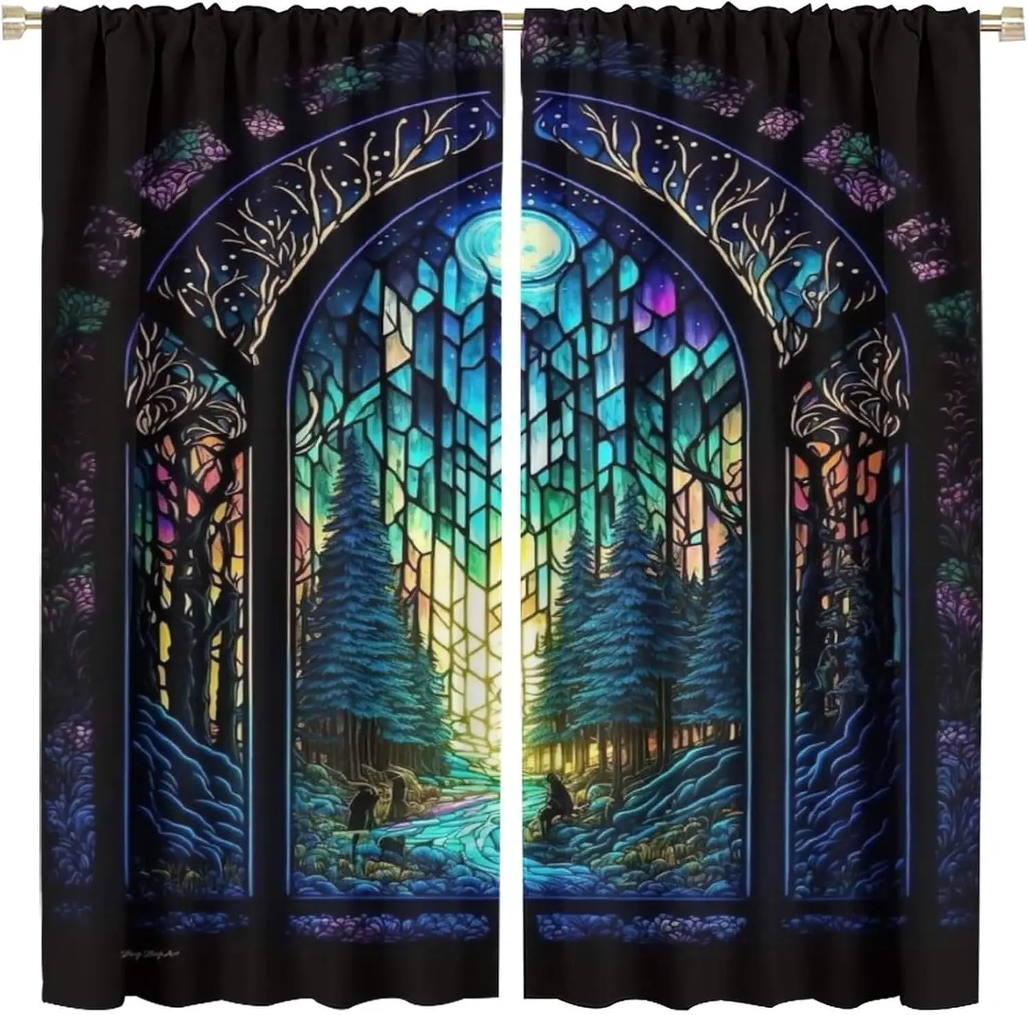 Fantacy Forest Blackout Window Curtain,ArchedDoor Through Fairy Tale Forest, Colourful Stained Windows for Baby Boys Bedroom