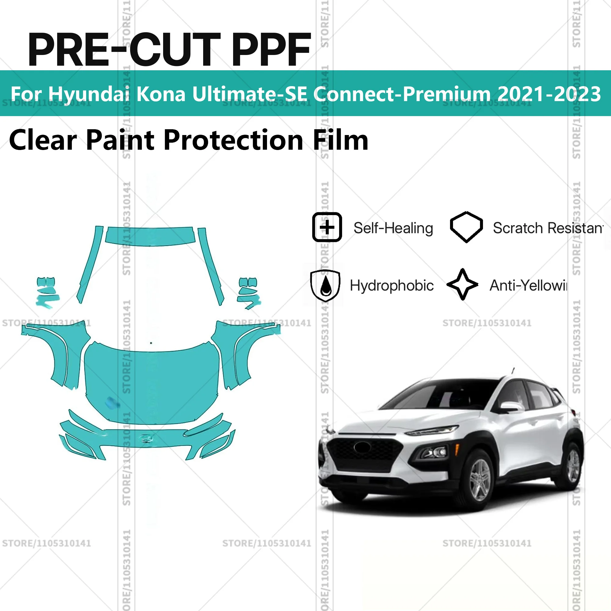 

Предварительно нарезанная прозрачная защитная пленка PPF для автомобилей Hyundai Kona Ultimate-SE Connect-Premium 2021-2023