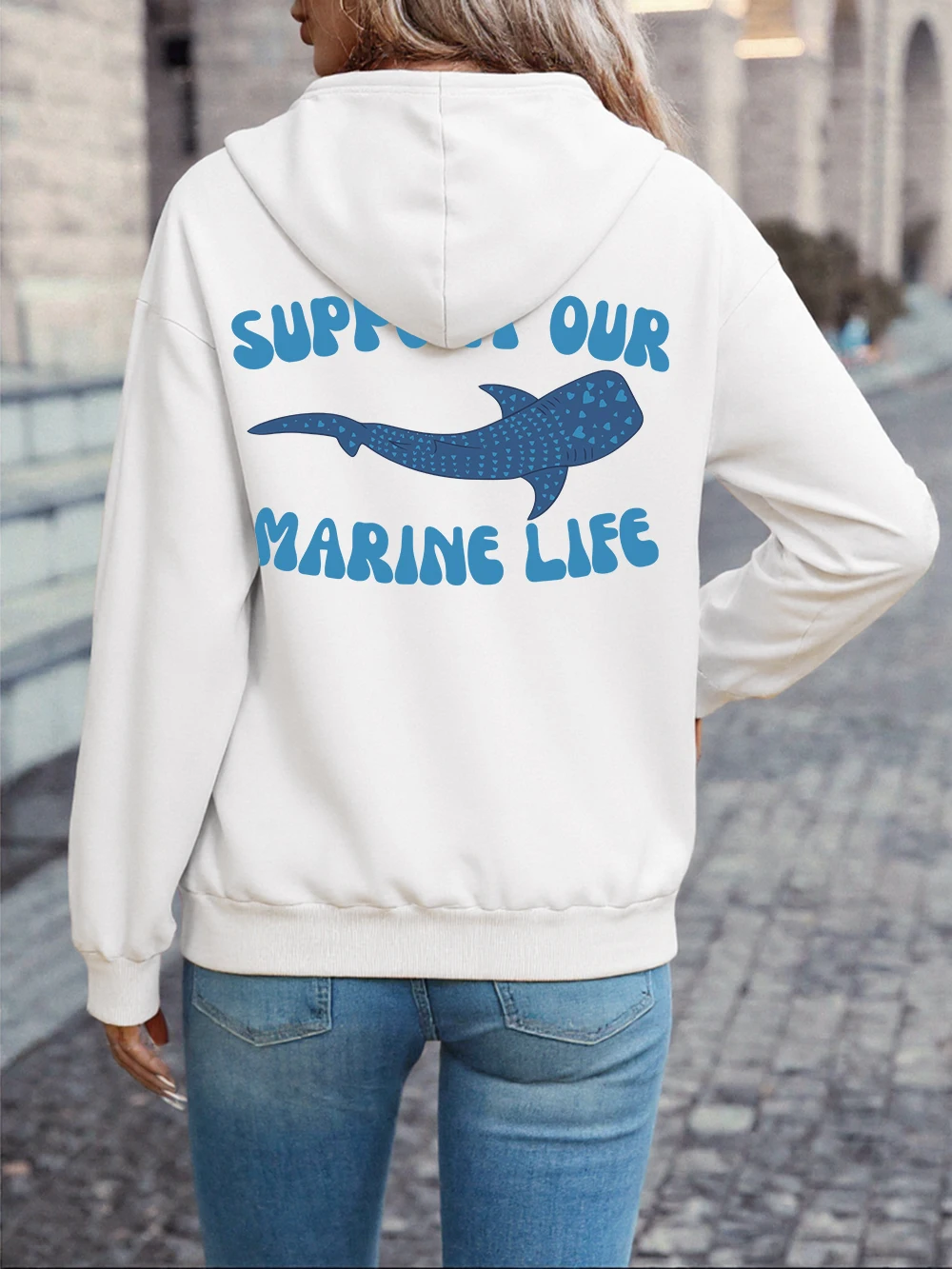 해양 생물 프린팅 후드티 여성 스트릿 루즈 풀오버 기본 스포티 스웨트셔츠 겨울 플리스 따뜻한 여성 의류