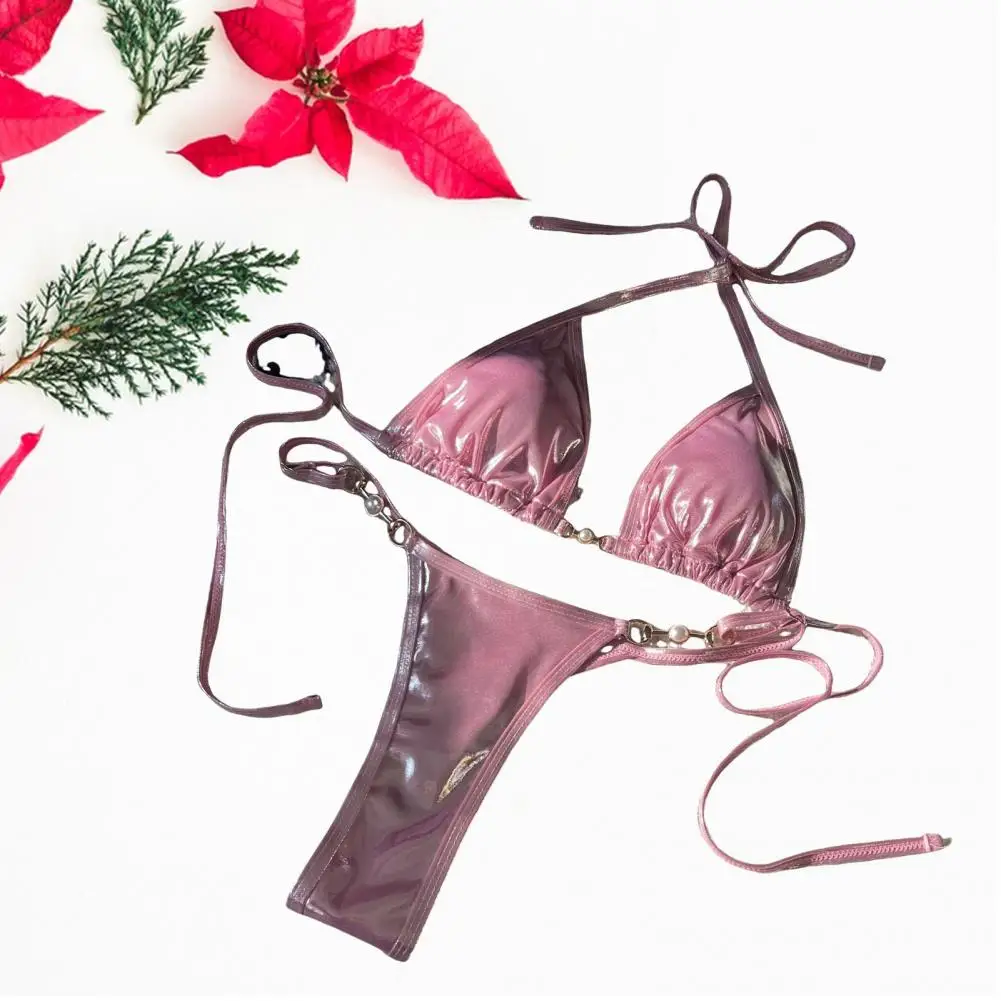 Tiefer V-Riemchen-Bikini-Set für Damen, helle Oberfläche, Neckholder-Bikini-Set mit Kunstperlen und Schnür-Tanga, schnell trocknend, für Strandbekleidung